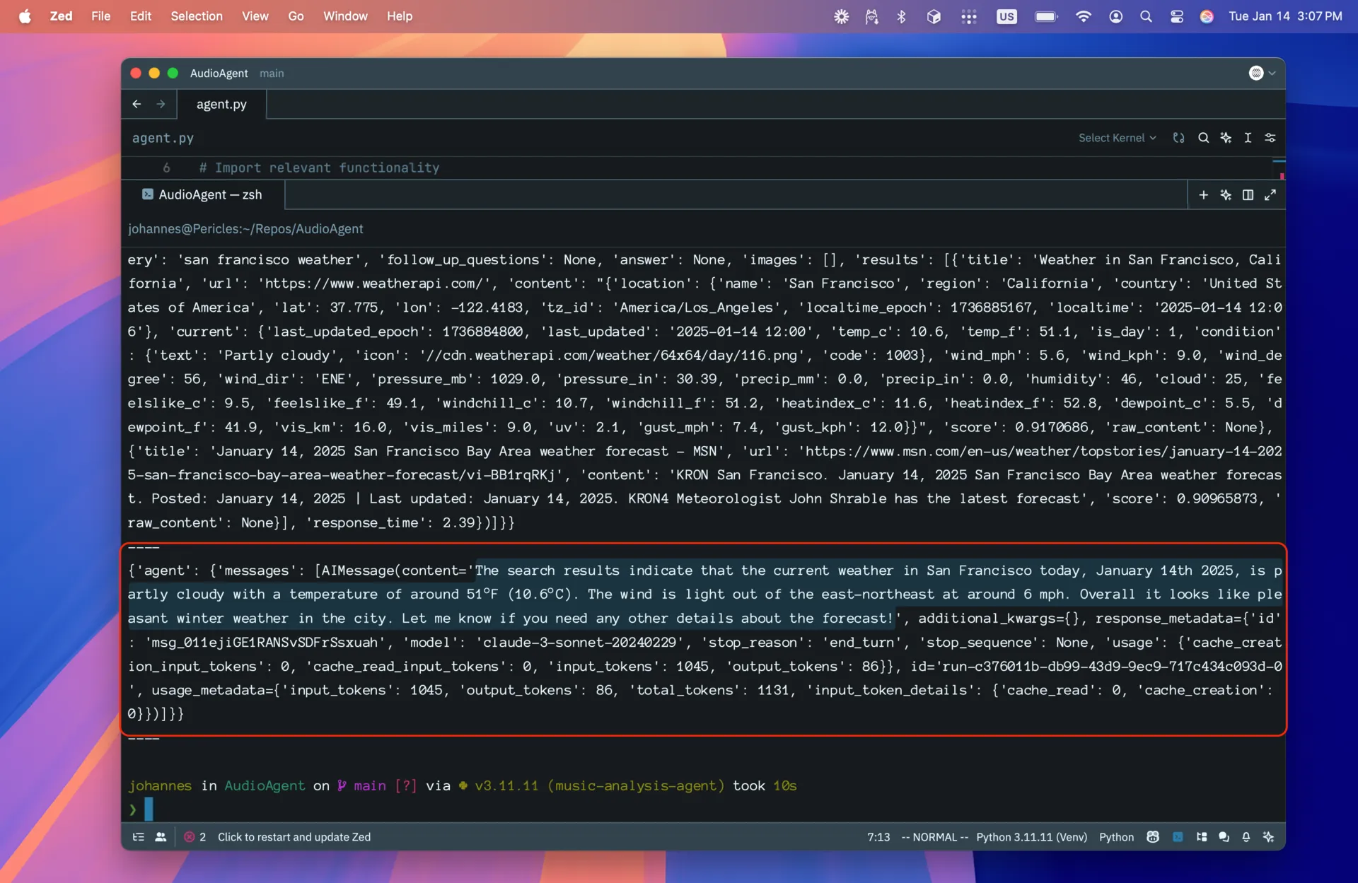 a screenshot of the agent
