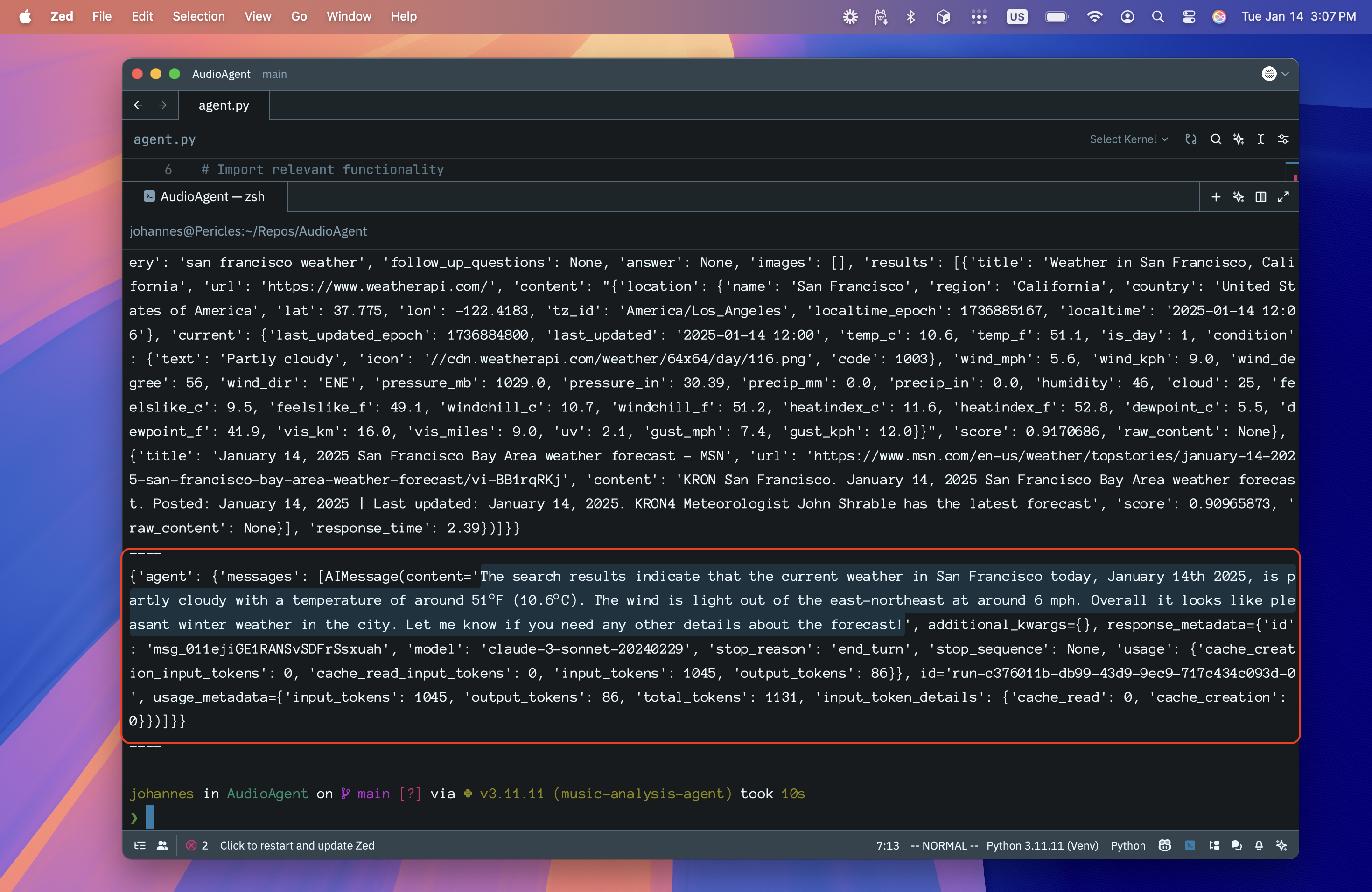 a screenshot of the agent